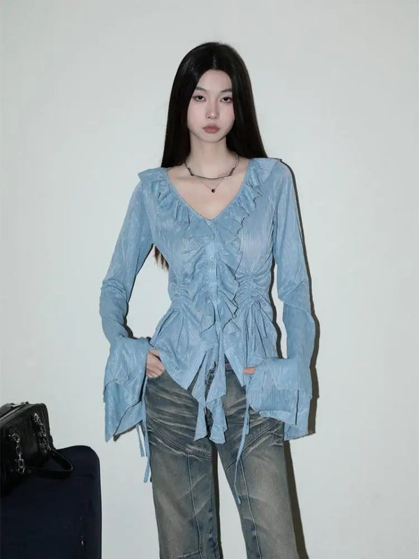 Blue Fairycore Lace-Up Blouse