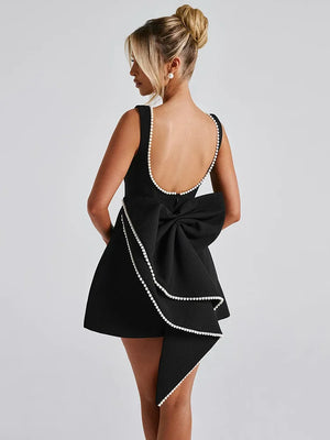 VILZSTUDIOS Elegant Pearl Bow Backless Sexy Mini Dress