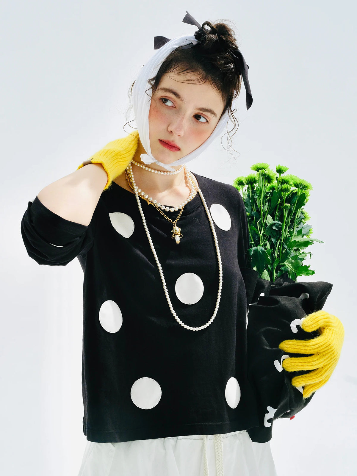 VILZSTUDIOS Black Polka Dot Long Sleeve Casual T-Shirt