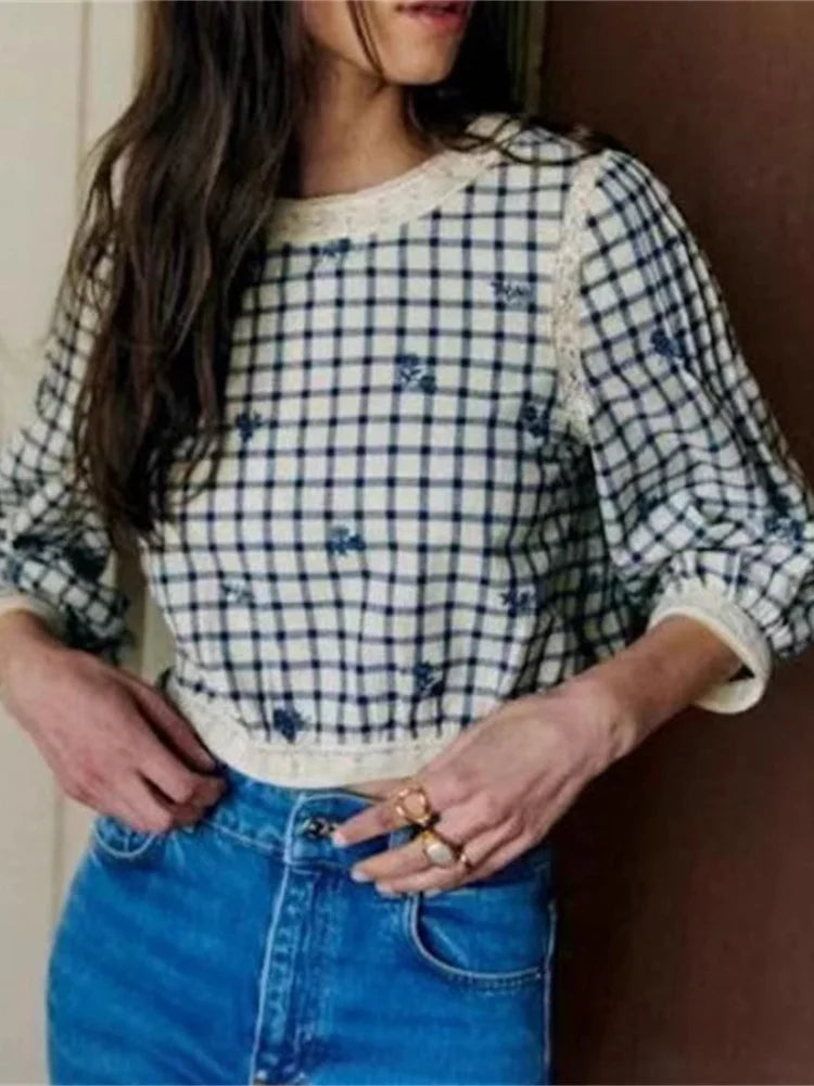 VILZSTUDIOS Rustic Floral Embroidered Plaid Blouse