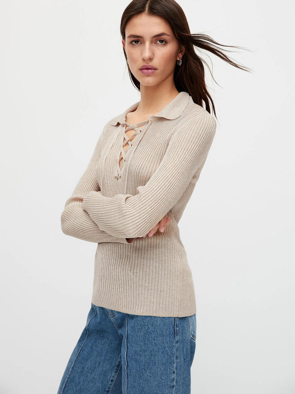 VILZSTUDIOS Ribbed Knit Lace-Up Sweater