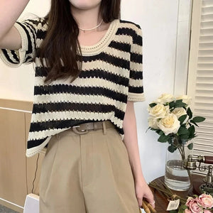 VILZSTUDIOS Retro Knitted Striped T-Shirt