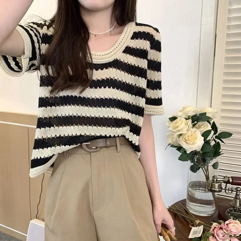 VILZSTUDIOS Retro Knitted Striped T-Shirt