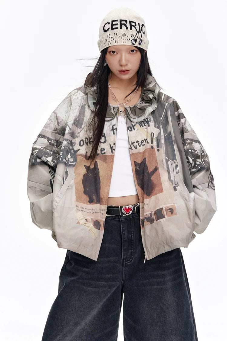 VILZSTUDIOS Retro Cats Print Loose Jacket