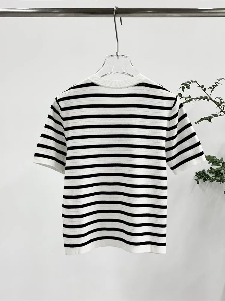 VILZSTUDIOS Striped Knit Badge T-Shirt