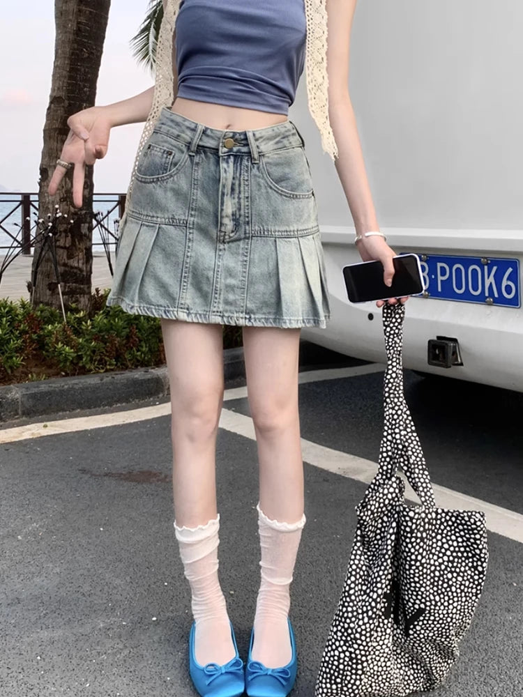 VILZSTUDIOS Retro High-End Pleated Denim Mini Skirt