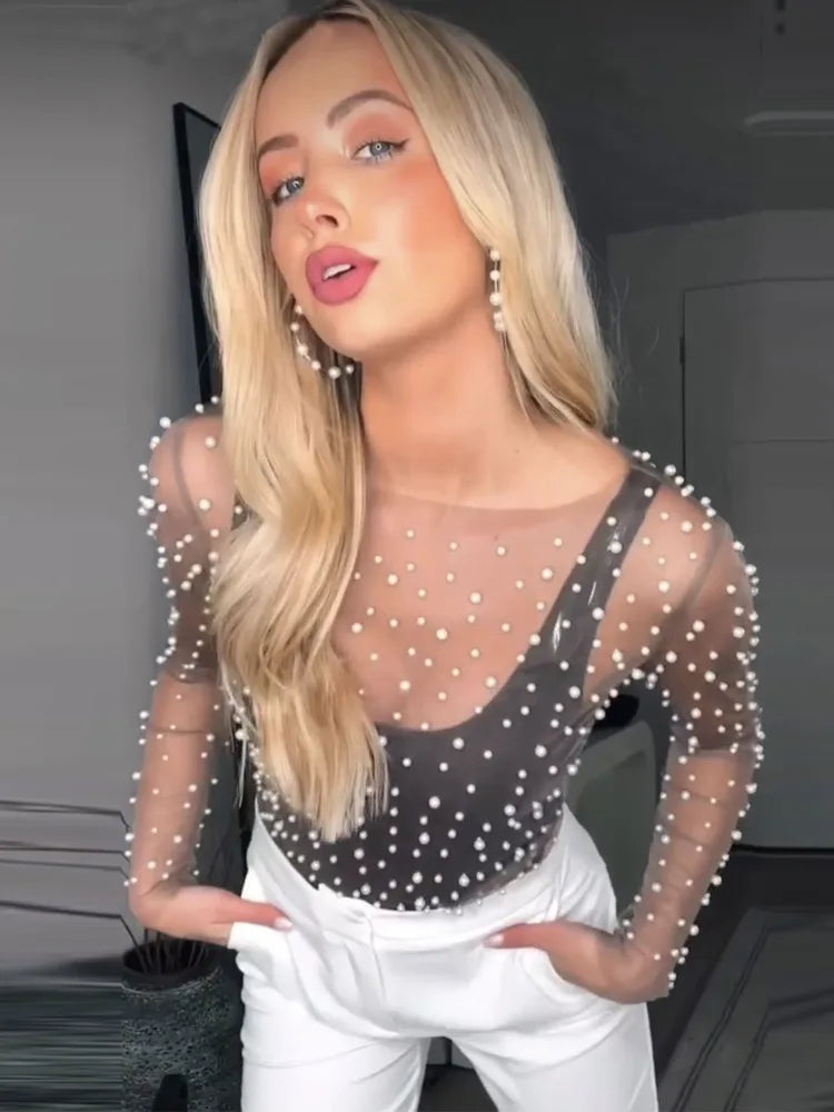 VILZSTUDIOS Stylish Pearl Mesh See-Through Long T-Shirt