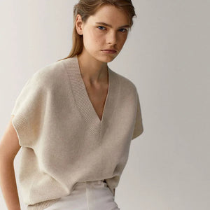 VILZSTUDIOS Basic V-Neck Knitted Short Sleeve Sweater