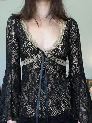 VILZSTUDIOS Floral Lace Tie Front Flounce T-Shirt