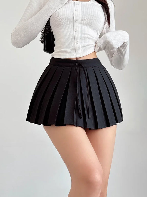 High Waist Grey Pleated Skirt Lace-Up