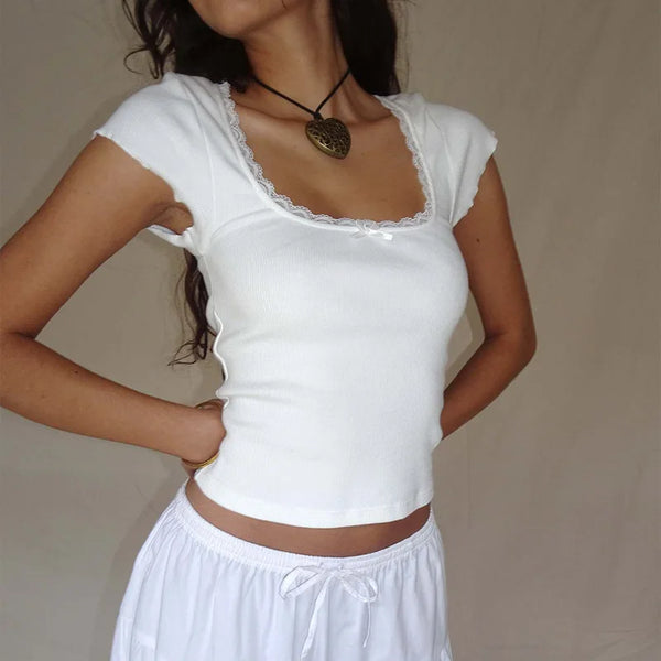 Vintage Spitzenbesatz Gestricktes quadratisches Crop Top
