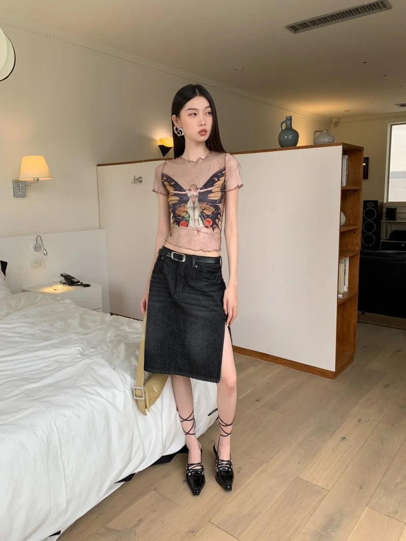 VILZSTUDIOS Butterfly Frill Mesh Graphic Crop Top