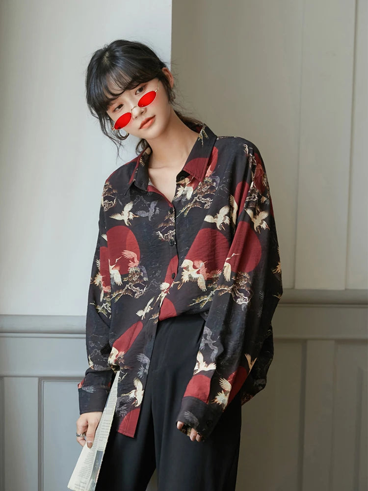 VILZSTUDIOS Vintage Japanese Birds Print Blouse