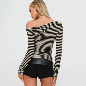 VILZSTUDIOS Slanted Collar Striped Long Sleeve Top