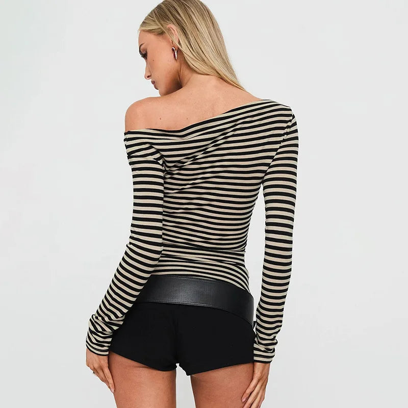 VILZSTUDIOS Slanted Collar Striped Long Sleeve Top