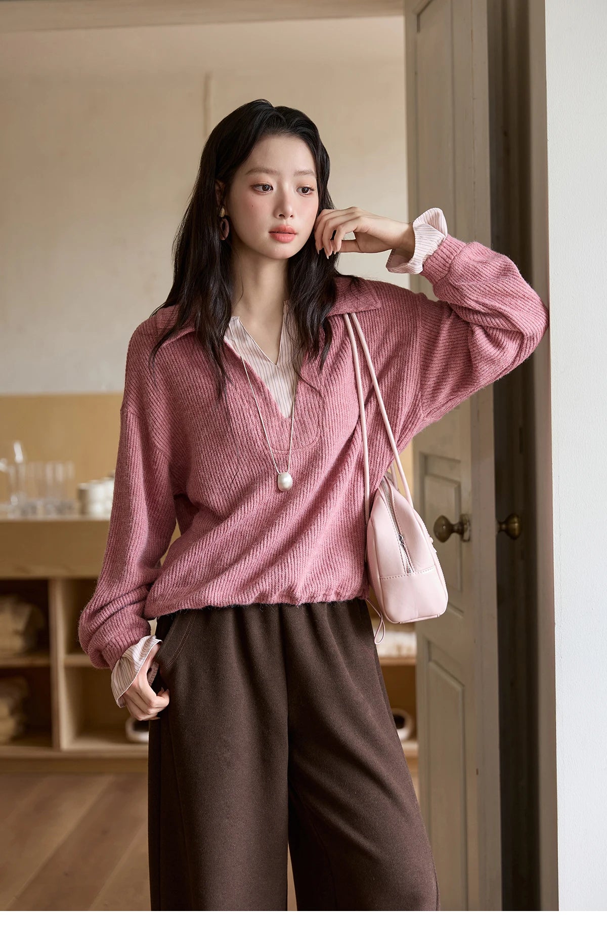 VILZSTUDIOS French Style Stand Collar Long Sleeve Top