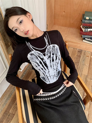 VILZSTUDIOS Black Pearl Print Long Sleeve Cropped Top