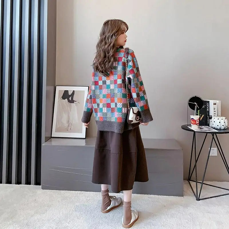 VILZSTUDIOS Cozy Plaid Knit Sweater