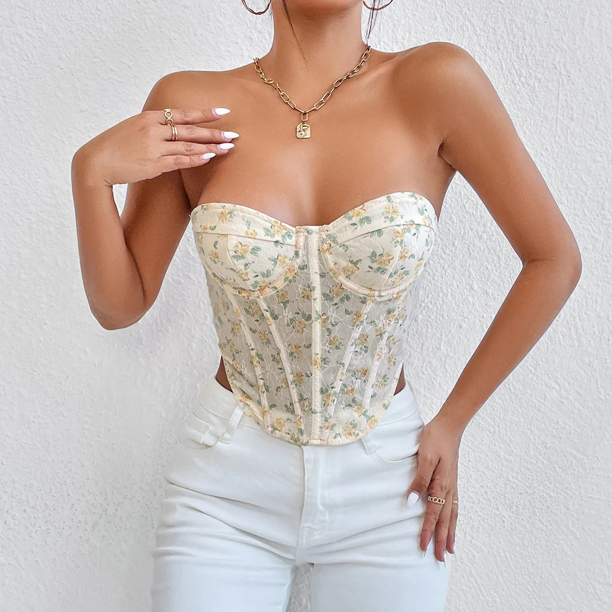 VILZSTUDIOS Floral Lace-Up Strapless Corset Crop