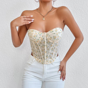 VILZSTUDIOS Floral Lace-Up Strapless Corset Crop