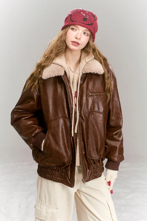 VILZSTUDIOS Vintage Brown Fleece Neck PU Leather Jacket