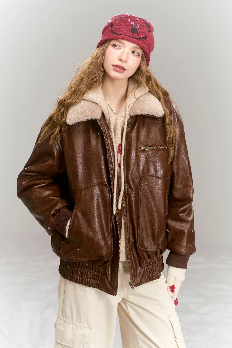 VILZSTUDIOS Vintage Brown Fleece Neck PU Leather Jacket