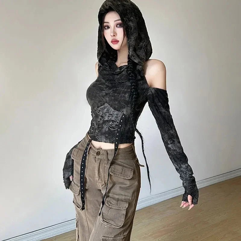 VILZSTUDIOS Gothic Hollow Out Hooded Long Sleeve Top