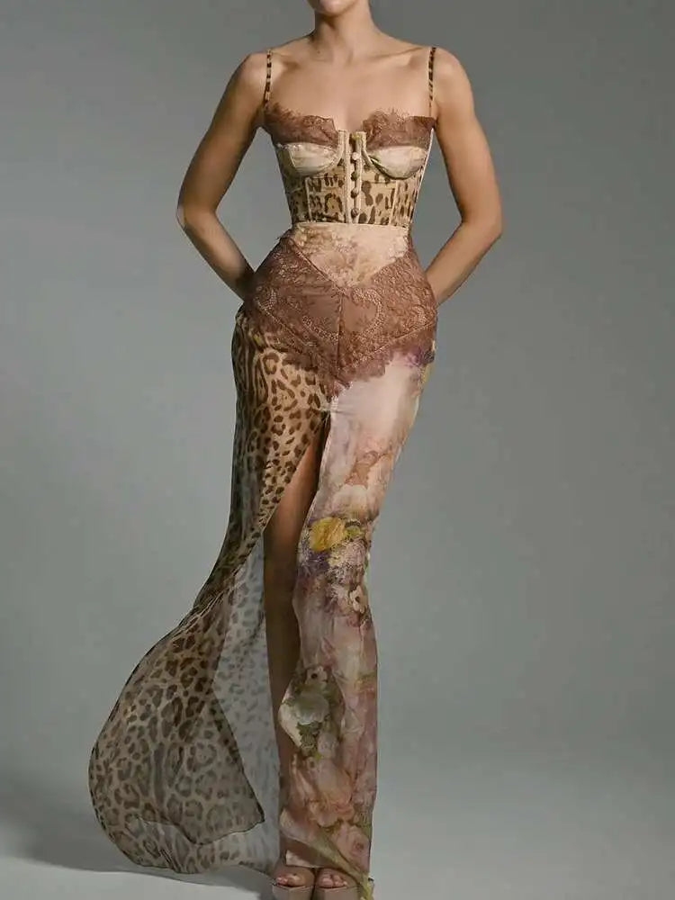 VILZSTUDIOS Leopard Print Sexy Maxi Dress Summer