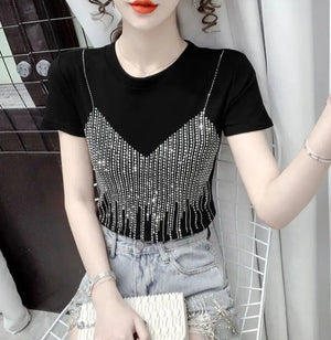 VILZSTUDIOS Shiny Diamond Sequin Slim Fit T-Shirt