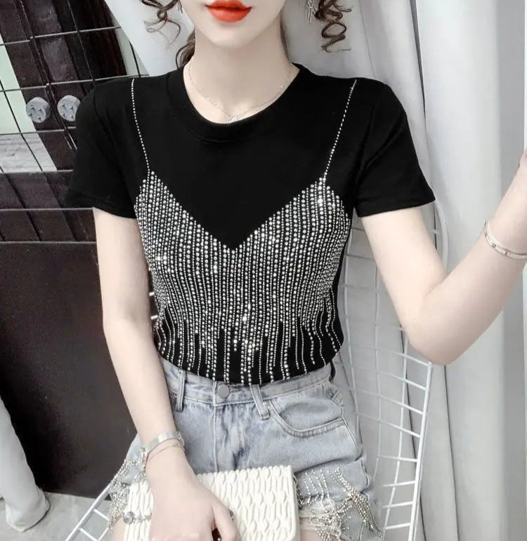 VILZSTUDIOS Shiny Diamond Sequin Slim Fit T-Shirt