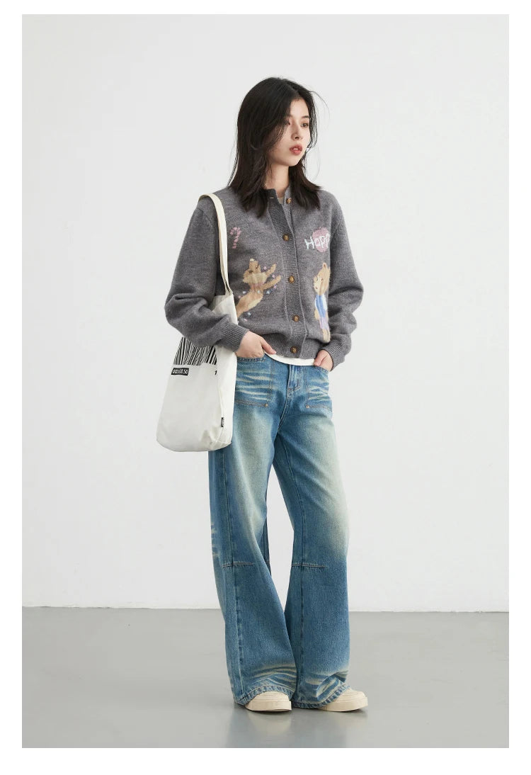 VILZSTUDIOS Retro Jacquard Happy Bear Cardigan