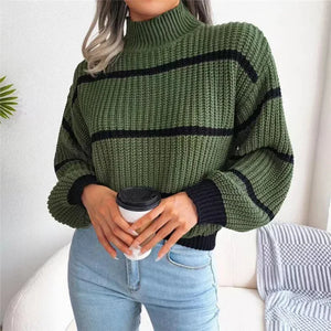 VILZSTUDIOS High Collar Pullover Knit Striped Sweater