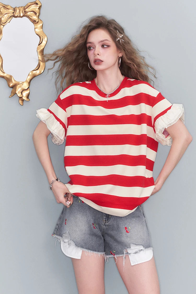 VILZSTUDIOS Colorful Stripe Mesh Splice Loose T-Shirt