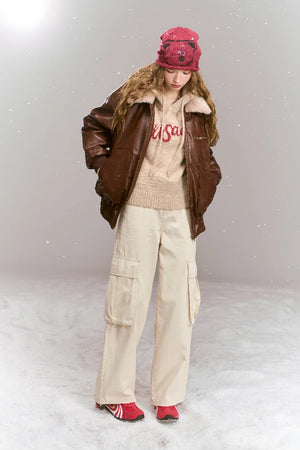VILZSTUDIOS Vintage Brown Fleece Neck PU Leather Jacket
