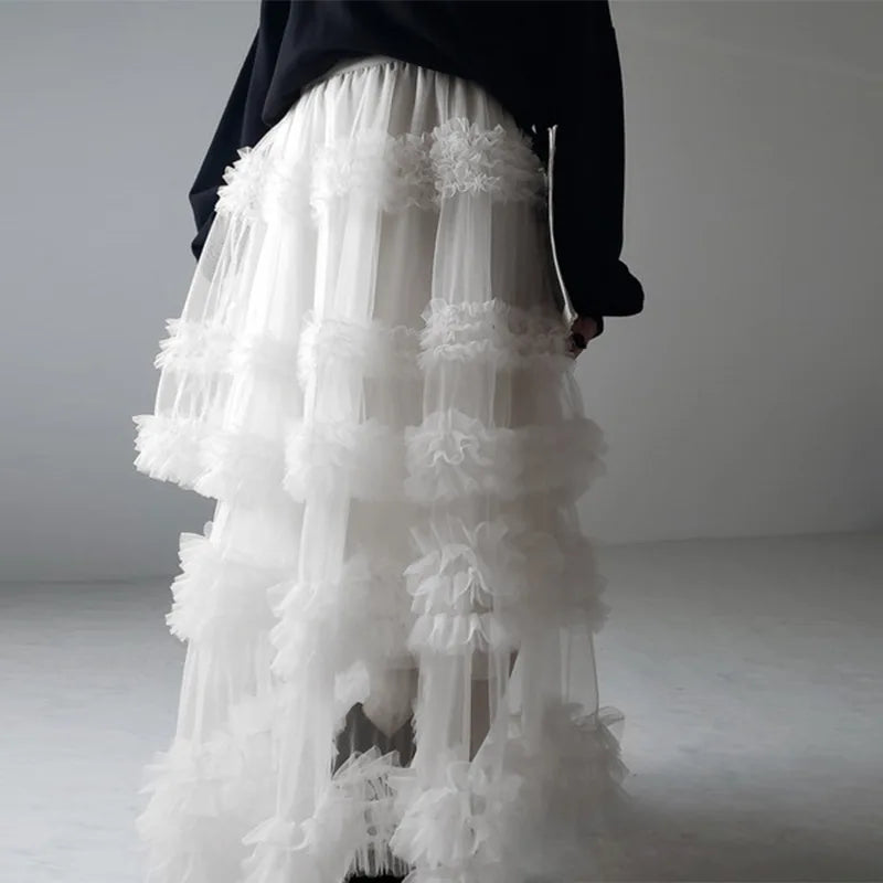 VILZSTUDIOS Ethereal Tiered Ruffled Mesh A-Line Skirt