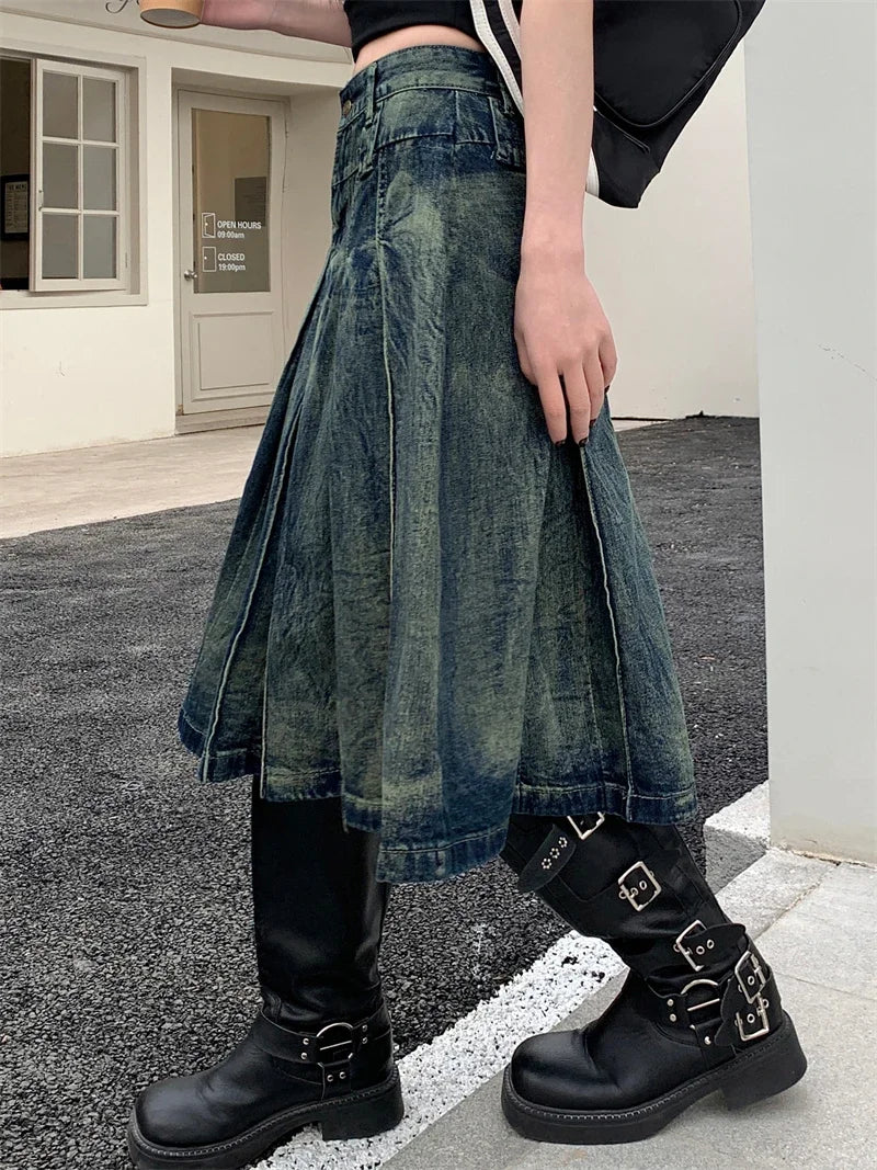 VILZSTUDIOS Vintage Aesthetic Pleated Denim Mini Skirt