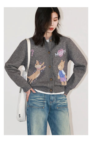 VILZSTUDIOS Retro Jacquard Happy Bear Cardigan
