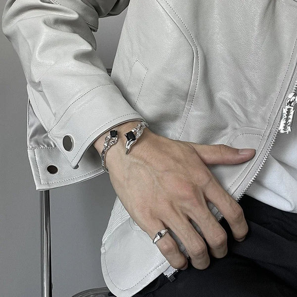 Geometric Black Square Irregular Silver Bracelet