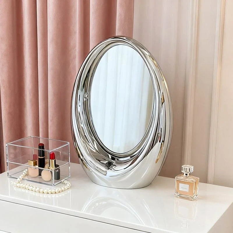 VILZSTUDIOS Korean Creative Oval Makeup Mirror Laser Double-sided Cosmetic Mirror Living Room Dressing Table Rotatable Mirror Home Decor