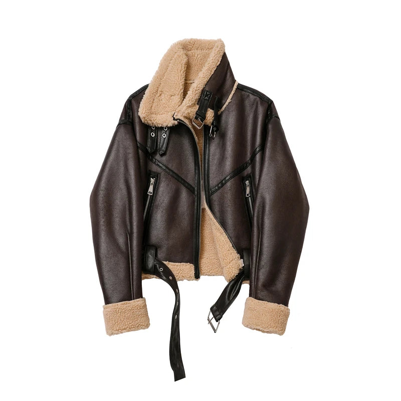 VILZSTUDIOS Thick Faux Leather Belted Biker Jacket