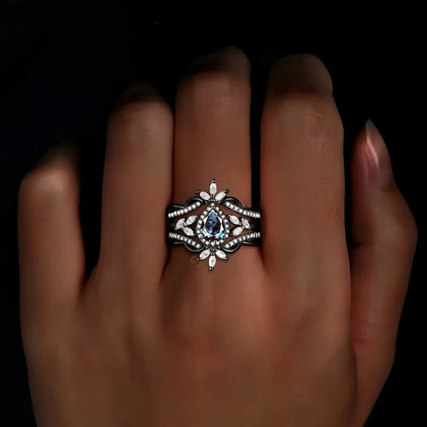 Elegant Black Blue Stone Waterdrop Ring