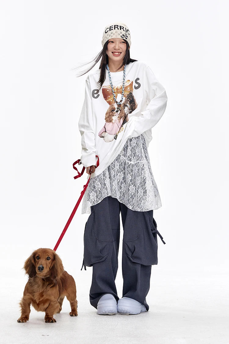 VILZSTUDIOS Cute Casual Puppy Print Long Sleeve Top