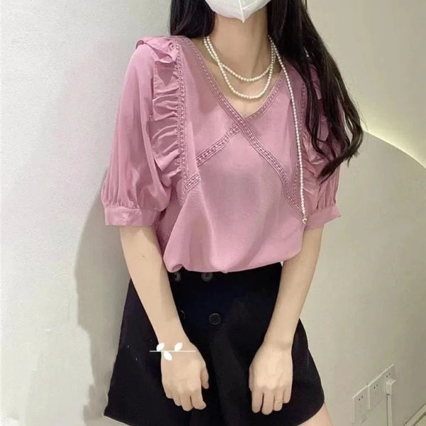 Versatile Korean V-Neck Solid Short Blouse