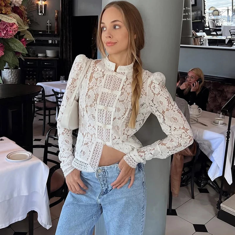 VILZSTUDIOS Elegant Lace Flower Long Sleeve Blouse
