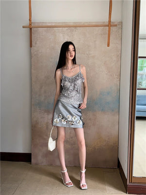 VILZSTUDIOS Silver Sequin Ruffles Tank Top