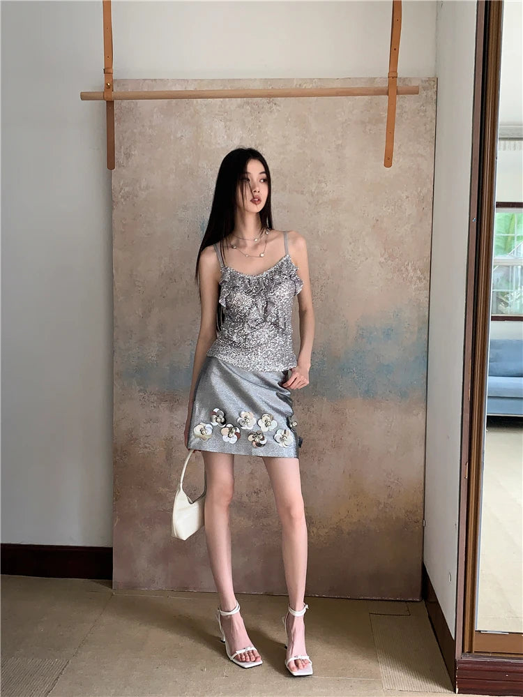VILZSTUDIOS Silver Sequin Ruffles Tank Top