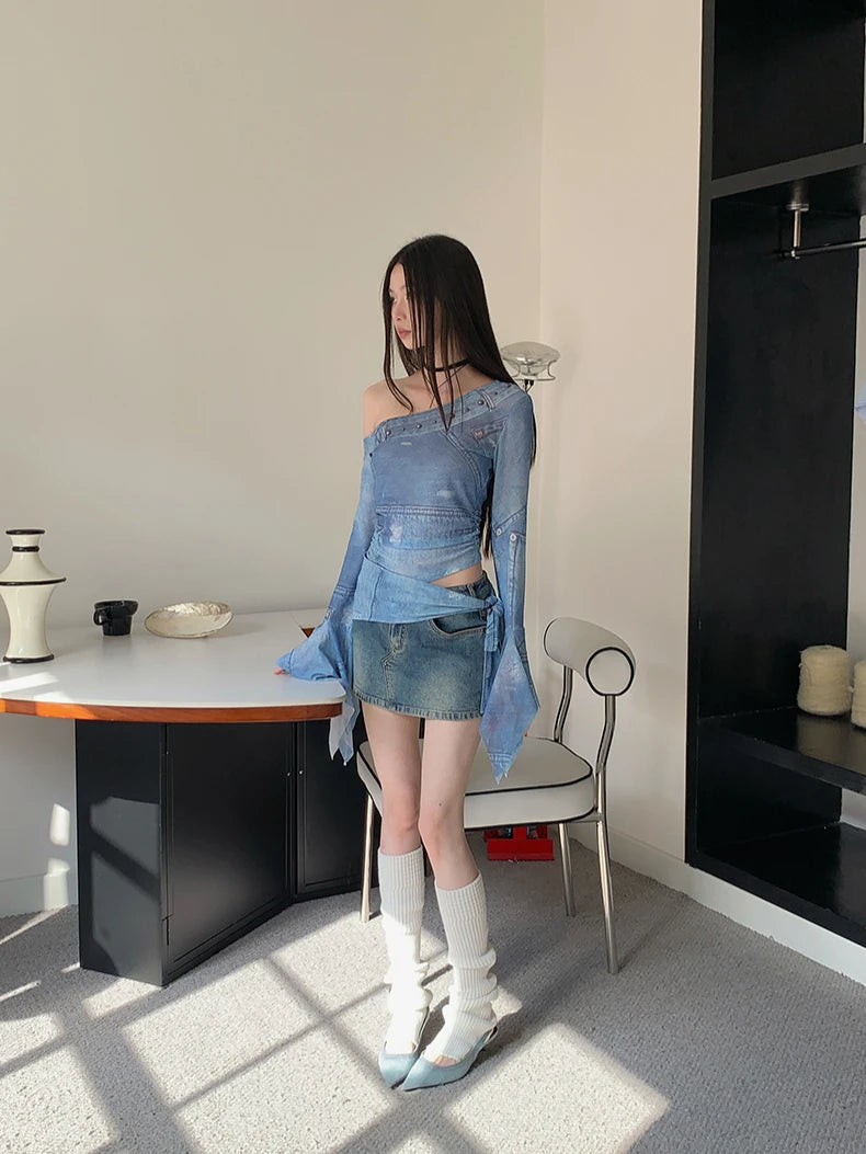 VILZSTUDIOS Blue Mesh Graphic Flare Sleeve Top
