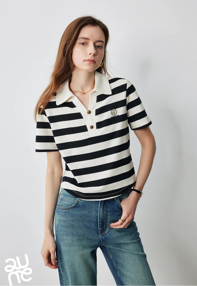 VILZSTUDIOS Stylish Women Polo Collar Letter T-Shirt