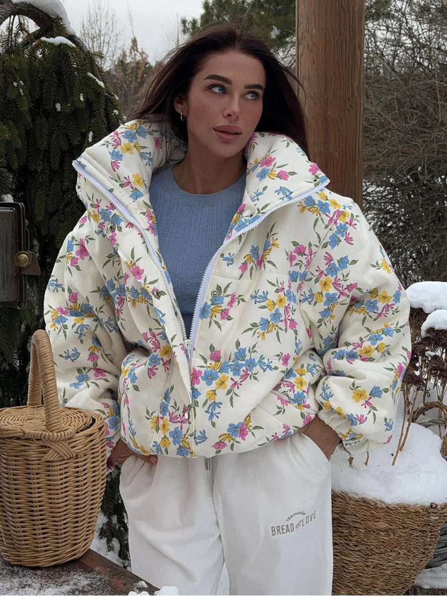 VILZSTUDIOS Cozy Floral Print Oversized Puffer Jacket
