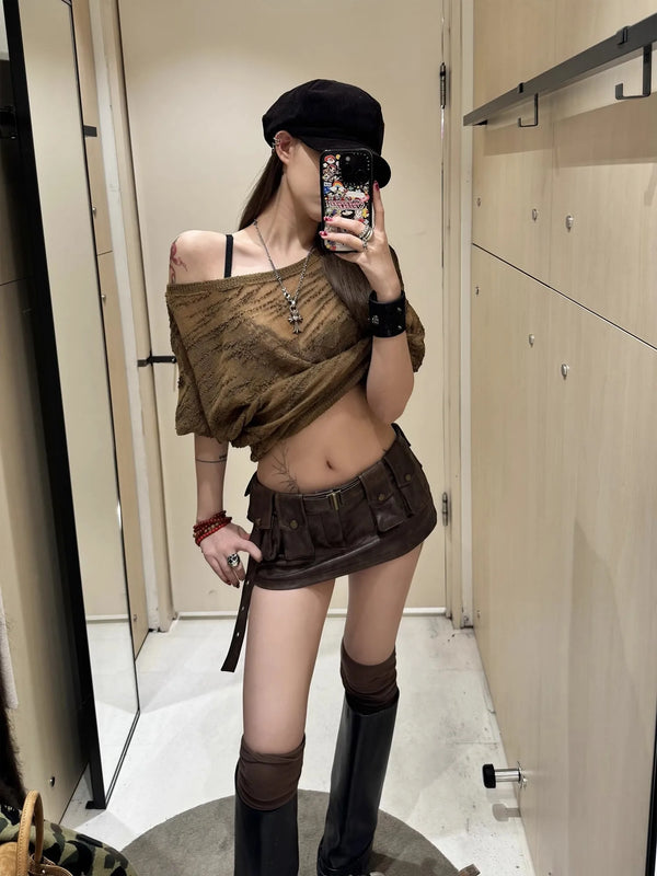 Vintage Distressed Brown PU Leather Skirt